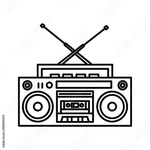 Retro boombox with antenna isolated on in line art style