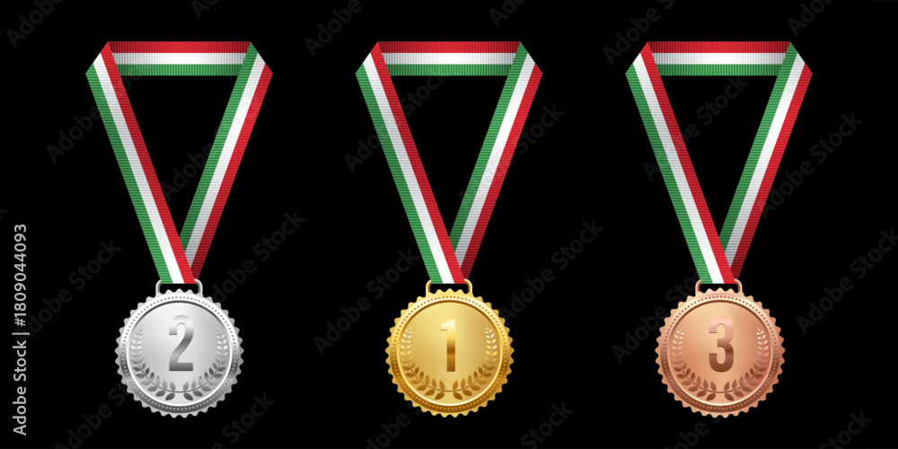 Naklejka premium Gold, silver, and bronze medals. Realistic 3D award medals with ribbons, symbolizing first, second, and third place in sports, competitions, and athletic events. Vector illustration