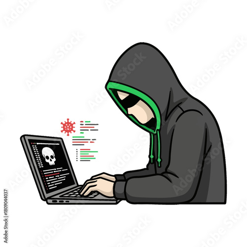 Hacker with laptop and virus code vector illustration