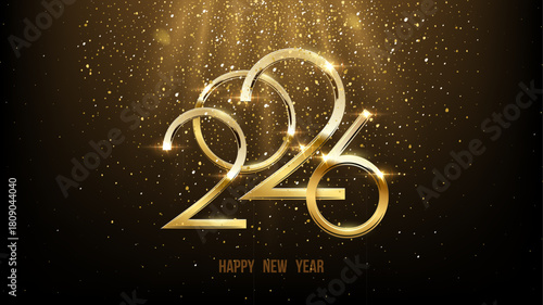 2026 Happy New Year greeting card vector background. Luxury festive sparkle holiday postcard, invitation, banner. 2026 golden numbers with falling confetti and glow light effects on black.