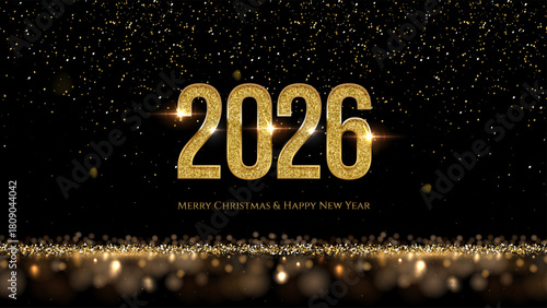 2026 Happy New Year greeting card vector background. 2026 golden numbers with falling confetti and glow light effects on black. Luxury festive sparkle holiday postcard, invitation, banner