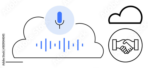 Voice recognition technology. Cloud-based voice recognition transforming audio to digital text. Voice recognition improving teamwork, accessibility, and automation for business, tech, and education