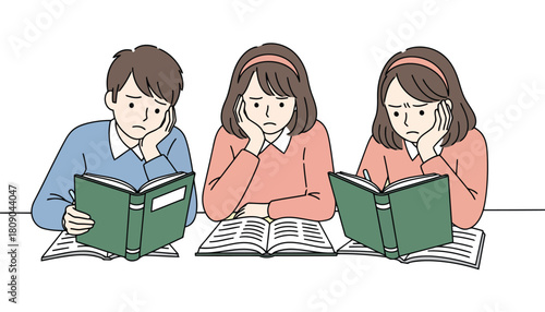 Students struggling with exams in a classroom feel overwhelmed by study