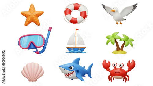 Summer themed cartoon icons: starfish, lifebuoy, seagull, snorkel, sailboat, palm trees, shell, shark, crab.