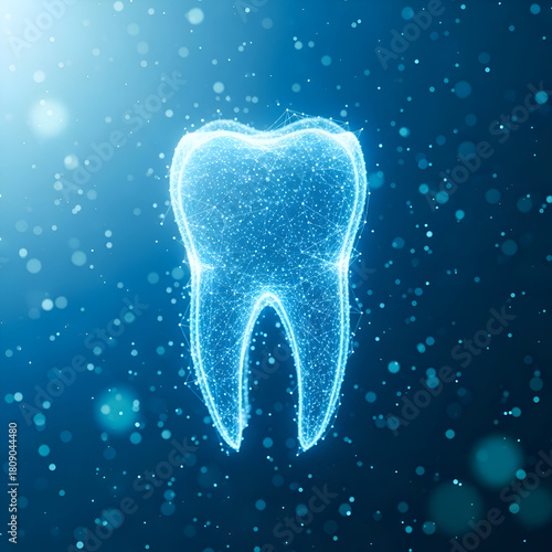 Digital tooth with glowing particles on a blue gradient background