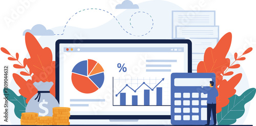 Business Data Analysis on Laptop Screen with Calculator, Money Bag, Coins, and Graphs, Illustrating Financial Accounting, Audit, and Investment Planning Vector.