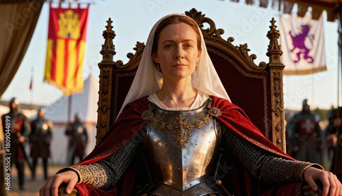 Queen Isabella I on Throne with Castile and Aragon Flags – Cinematic Royal Scene