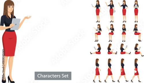 Business Woman Character Animation Sprite Sheet: Vector Set with Various Poses, Gestures, Standing, Sitting, Walking, and Using Tablet for Game or Presentation.