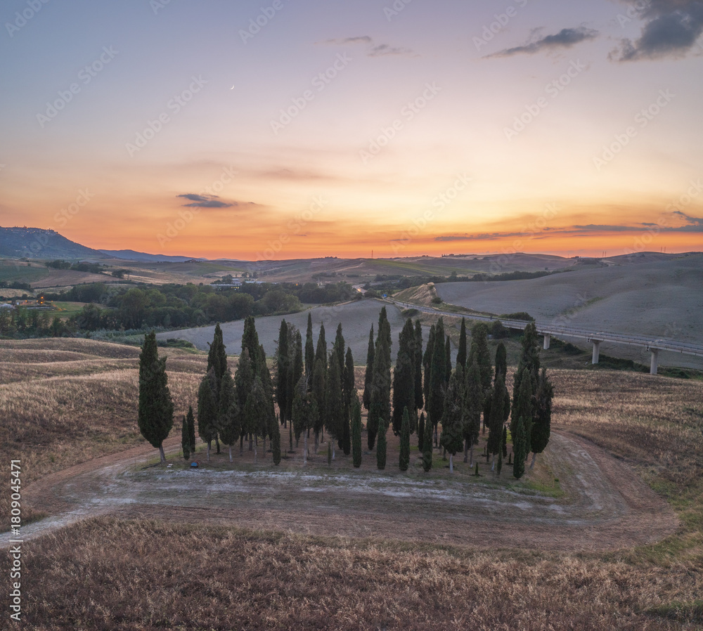 © AmazingAerialAgency - Aerial view of a cluster of slender cypress trees standing tall against the rolling Tuscan hills under a sky painted with dawn's soft hues, San Quirico d'Orcia, Tuscany, Italy.