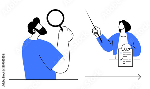 Man inspects document through magnifying glass while another explains using pointer and report. Ideal for research, analysis, education, instruction, documentation, teamwork, strategy. Simple flat