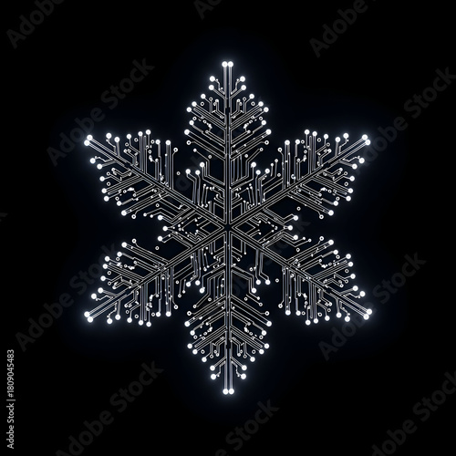 A digital snowflake design with intricate circuit board patterns