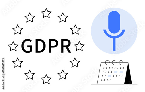 GDPR text encircled by stars, microphone icon in blue circle, and scheduling calendar. Ideal for privacy, data security, compliance, audio recording, legal policies planning transparency. Simple