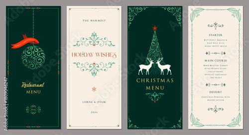 Christmas floral templates 4x9. Universal Winter Holiday cards with decorative Christmas Tree, Christmas ornament, reindeers, ornate frames with copy space and greetings.