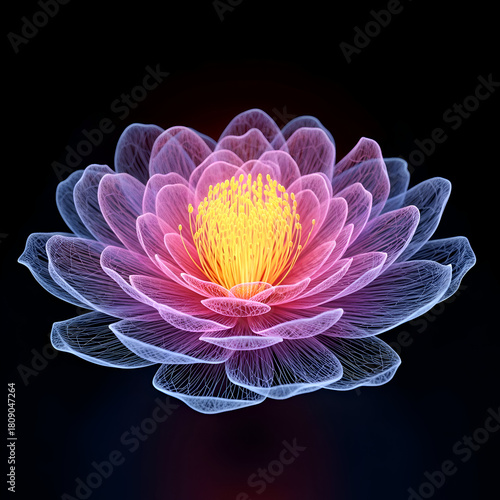 Abstract digital lotus flower with glowing petals on a black backdrop