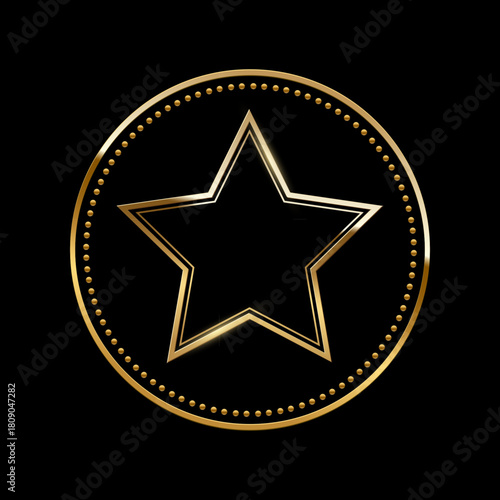 Golden circle frame on black background. Metallic round border with dotted edge and five point star. Elegant minimal design for badge, button, or emblem. Luxury style vector illustration.