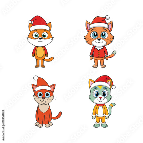 Cat with Santa hat cartoon style set in a group