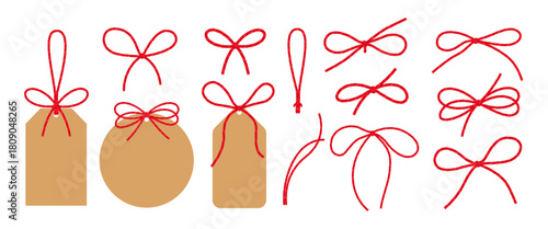 Set of empty Christmas tag with bow and ribbon. Kraft paper label, element for gift tied up with cotton red rope bakers twine. Packing string for decoration, present. Flat Isolated vector EPS10