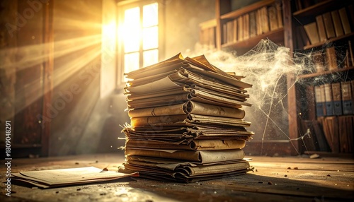 A towering stack of ancient, yellowed documents bathed in warm sunlight streaming through a window in a dusty, old library.