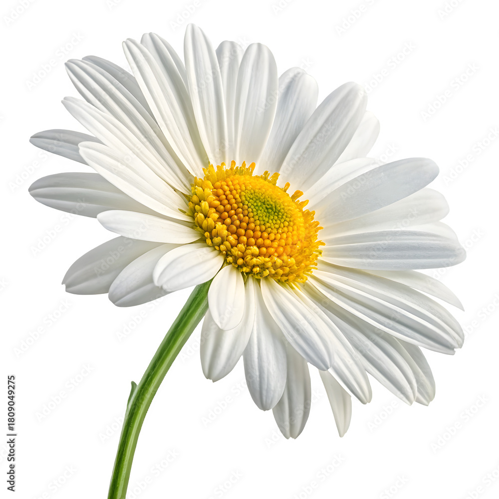 Fototapeta premium Close up of a single white daisy flower with a yellow center on a black background