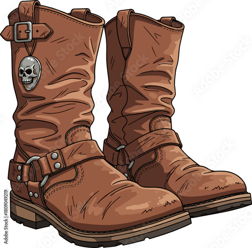 Create a air of weathered brown leather pirate or biker boots vector art with white background