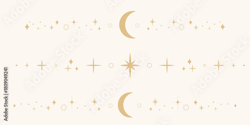 Celestial star moon border, set golden line sparkle divider with moon, simple elegant ornament. Festive shiny space elements. Magic separator, spiritual decoration.