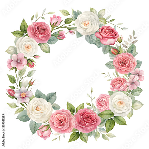 Beautiful floral wreath with pink and white roses on a black background