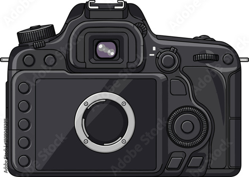 Create a Back view of DSLR camera with blank screen, vector art with white background.