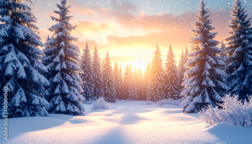 Golden sunlight streams through a snow covered forest, perfect for winter holiday designs