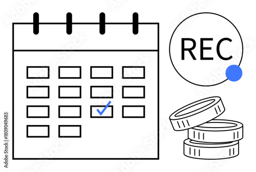 Calendar with marked date and recurring label, symbols of coins. Ideal for payment planning, subscription tracking, finance management, budgeting, income scheduling, saving tools, simple flat
