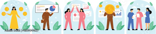Remote Work Vector Illustration Set: Woman Working on Laptop at Desk, Managing Documents, Data Analysis, Business Planning, and Online Consultation.