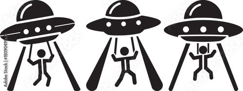Three alien flying saucers abducting stick figures silhouette