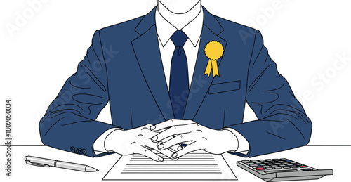 Successful Business Executive in Suit with Gold Award Ribbon, Sitting at Desk with Contract and Calculator, Symbolizing Achievement, Authority, and Agreement Signing Vector.