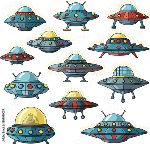Create a kinds of deferent Retro toy flying saucer ufo with lights vector art with white background.