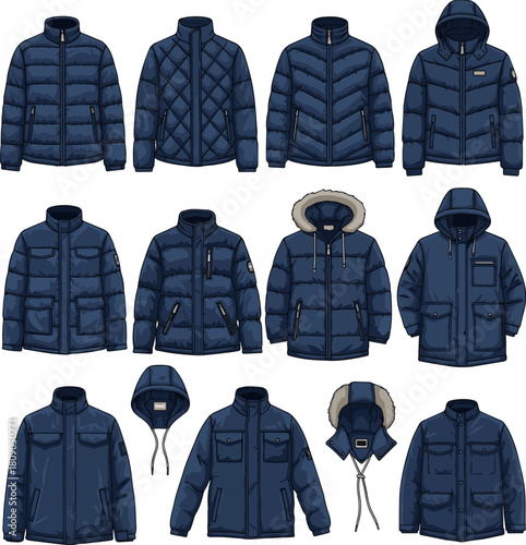 Create a kinds of deferent Dark blue puffer jacket for winter vector art with white background..