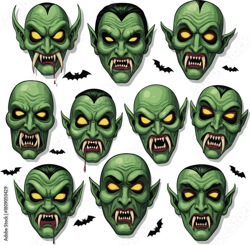 Create a kinds of deferent Green vampire monster halloween mask vector art with white background.