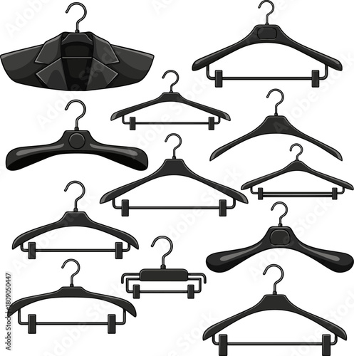 Create a kinds of deferent Modern black plastic clothes hanger for fashion retail vector art with white background.
