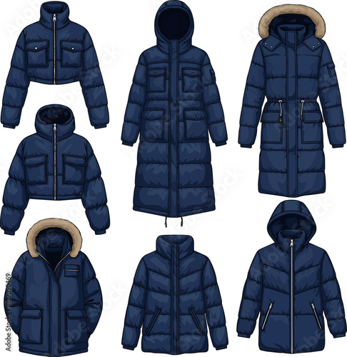 Create a kinds of deferent Dark blue puffer jacket for winter vector art with white background..