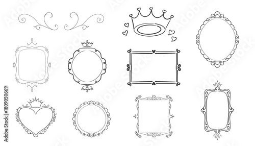 Princess frame mirror set line fairy. Whimsical cute doodle mirrors with crown for baby princess. Collection elegant pastel decor.