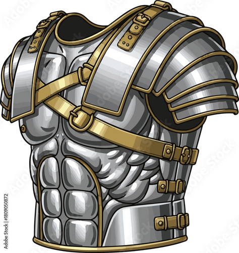 Create a Roman gladiator muscle armor cuirass in brass and steel vector art with white background.