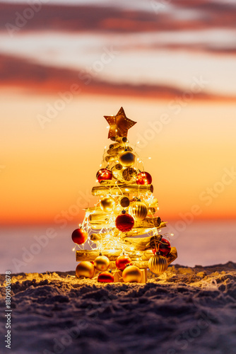Pretty little decorated Christmas Tree on the beach