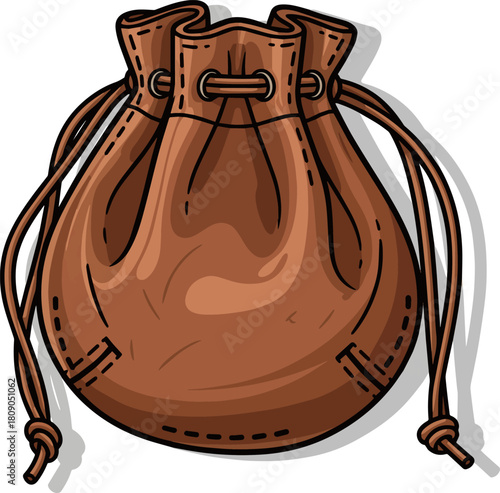 Create a Vintage brown leather drawstring pouch or coin purse vector art with white background..