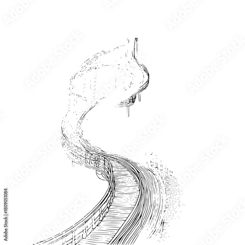 Illustration of a winding wooden walkway bridge path over water with detailed line work black and white art