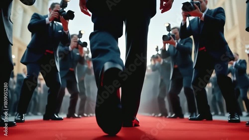 A celebrity man walking the red carpet at a movie star premiere event. A concept of fame with paparazzi flash photography.