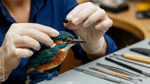 A taxidermist carefully attaches an eye to a vibrant stuffed bird, showcasing expertise in preserving wildlife. Tools and materials are neatly arranged on the workbench.