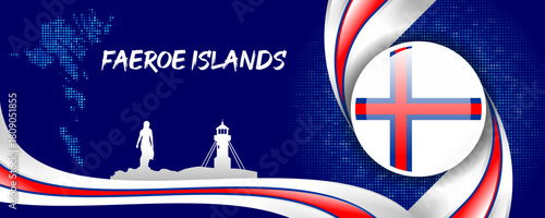 Faroe Islands Flag with Map and Famous Landmarks in Red, White, and Blue Abstract Background