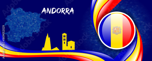 Andorra Flag with Map and Famous Landmarks in Blue, Yellow, and Red Abstract Background