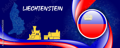 Liechtenstein Flag with Map and Famous Landmarks in Blue and Red Abstract Background
