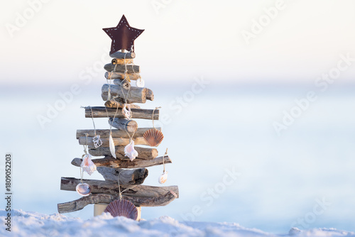 Driftwood Christmas tree on beach sea shell decorations