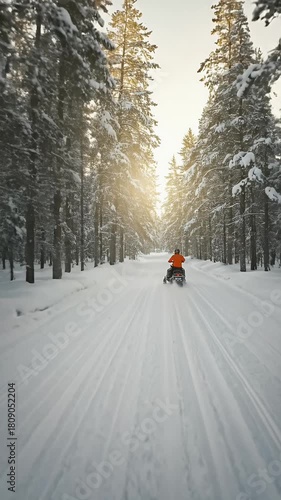 Snowmobile Rider Orange Jacket Winter Forest Cinematic Footage Golden Hour Sun