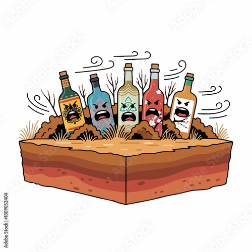 Distorted emotions with colorful bottles in angry illustration style, representing stress. Angry illustration with negative feelings and bottles symbolizing inner turmoil and conflict,